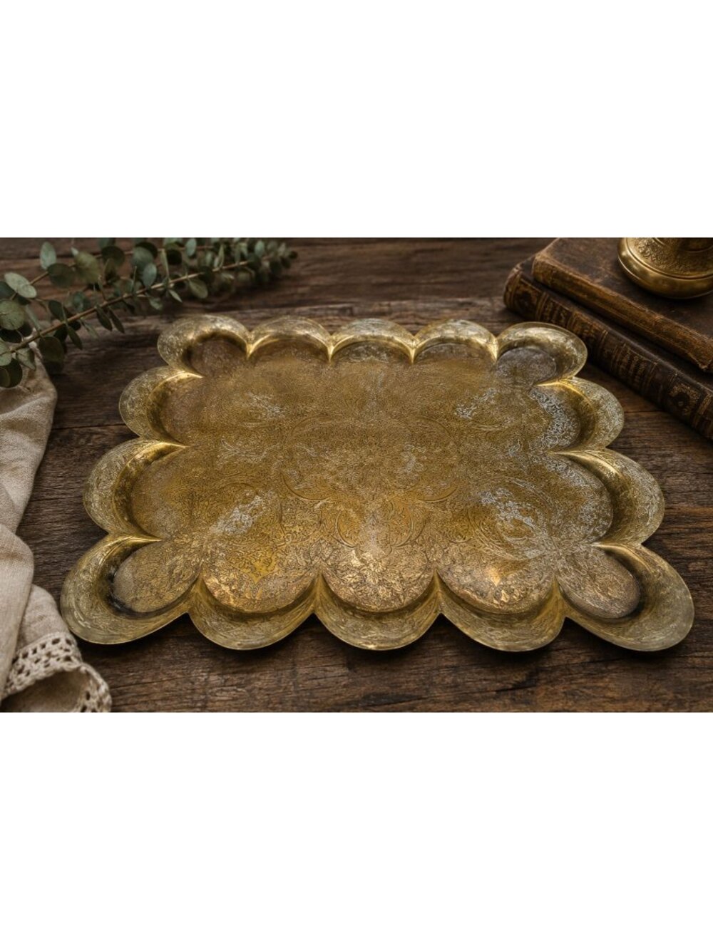Vintage Brass Scalloped Tray Ornate Floral Engraving Rectangular Design 11" X 8.